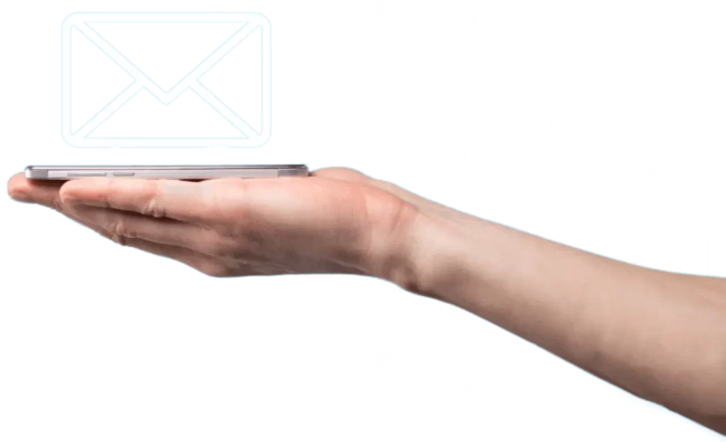 A hand holding a smartphone with an illuminated email icon hovering above the screen, symbolizing the invitation to subscribe to the FAFPI newsletter. In the background, the acronym 'FAFPI' is repeatedly displayed in large, white letters.
